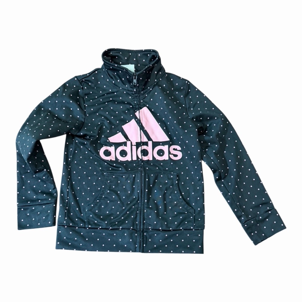 Adidas Girls Black Pink Polka Dot Full Zip Jacket Long Sleeve Activewear Sz 5